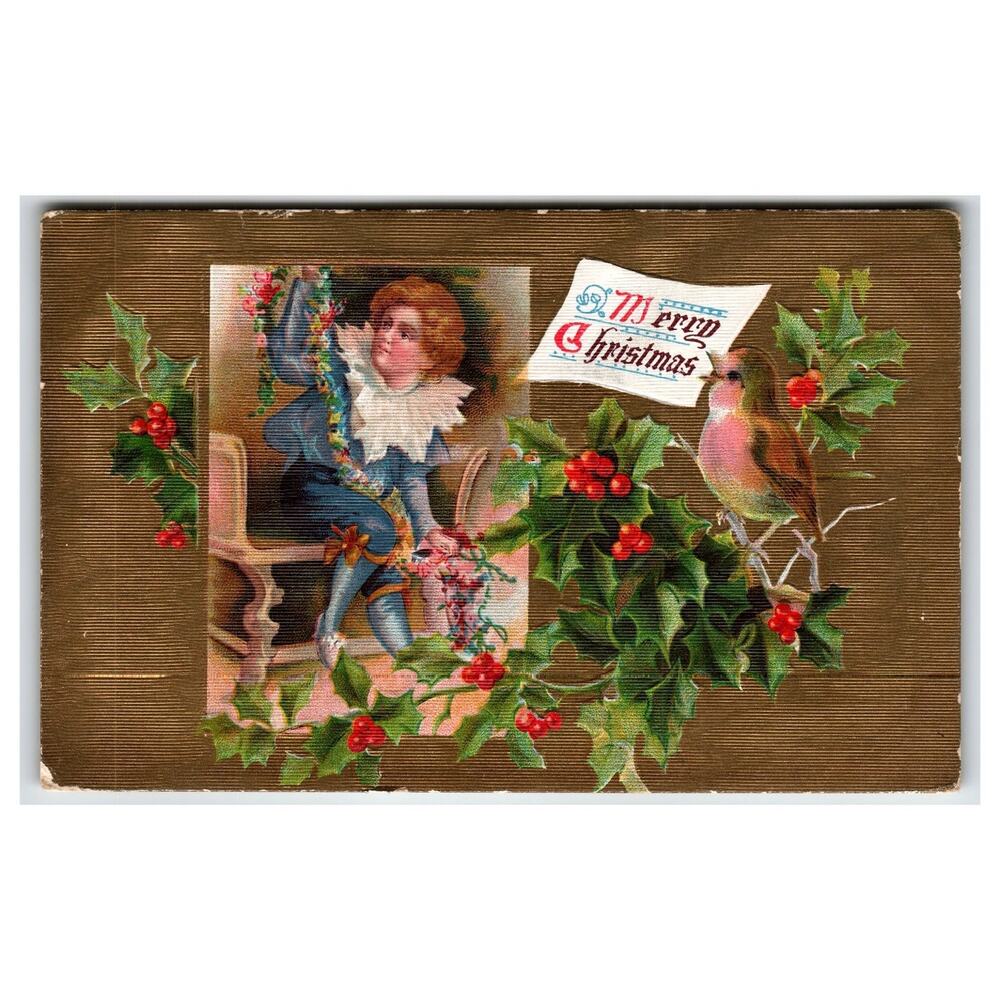 1909 Vintage Embossed Christmas Postcard with Child & Robin Bird